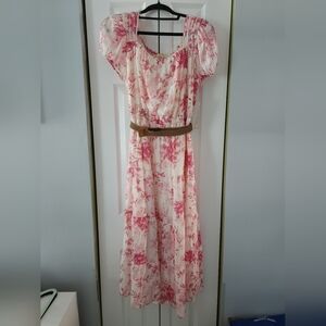 Cream Maxi Dress with Pink Floral Print and Braided Tan Belt Size L.